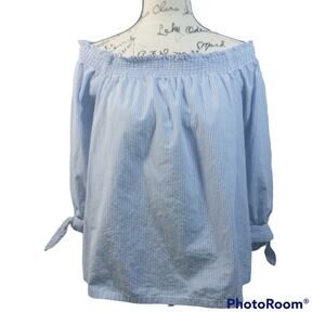 LOFT Blue White Stripe Cotton Off The Shoulder Top M